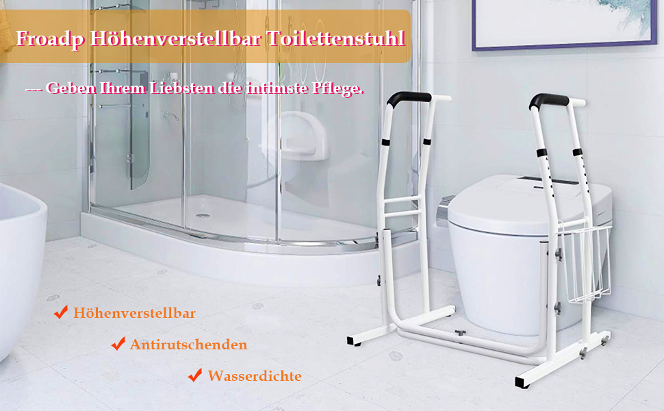 Froadp Mobile Aufstehhilfe Toiletten, Höhenverstellbar WC Toiletten Stützgestell mit Ablagekorb, Griffstangen für das Bad, Haltegriff Belastbar bis 200KG