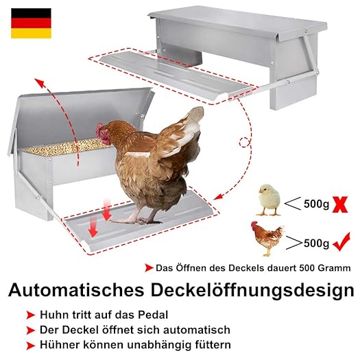 Froadp Hühner Futterautomat aus Metall mit Rattensicher Füßen Pedal und Wasserfest Deckel Hält bis zu 5KG Futter Fütterungsgeräte Tröge für Geflügel Enten Hühner