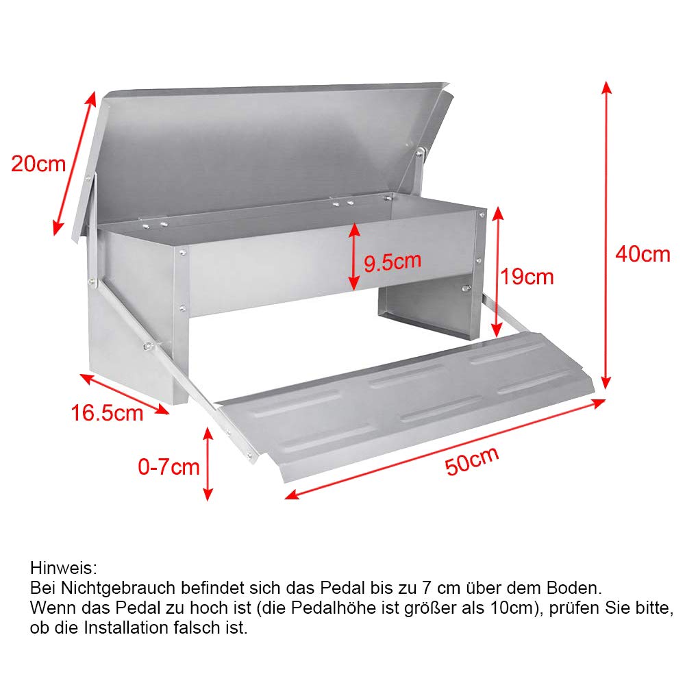 Froadp Hühner Futterautomat aus Metall mit Rattensicher Füßen Pedal und Wasserfest Deckel Hält bis zu 5KG Futter Fütterungsgeräte Tröge für Geflügel Enten Hühner