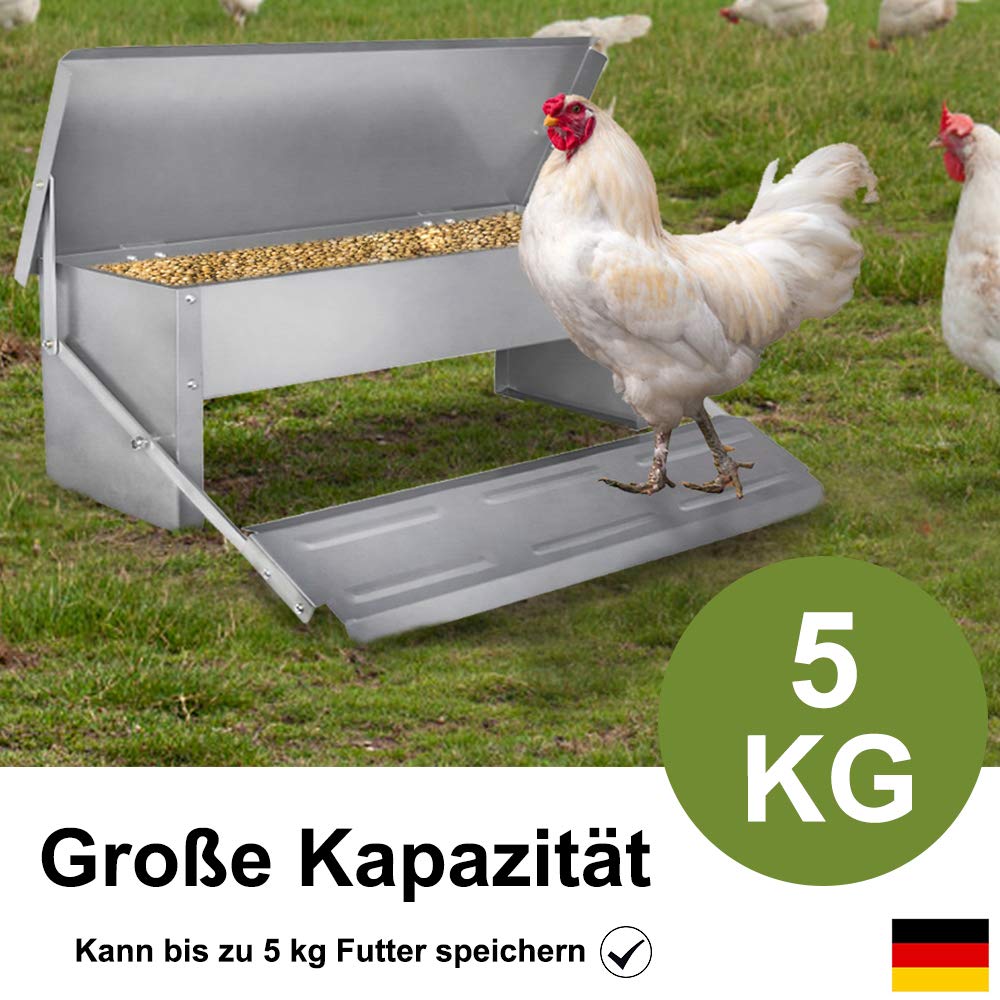 Froadp Hühner Futterautomat aus Metall mit Rattensicher Füßen Pedal und Wasserfest Deckel Hält bis zu 5KG Futter Fütterungsgeräte Tröge für Geflügel Enten Hühner