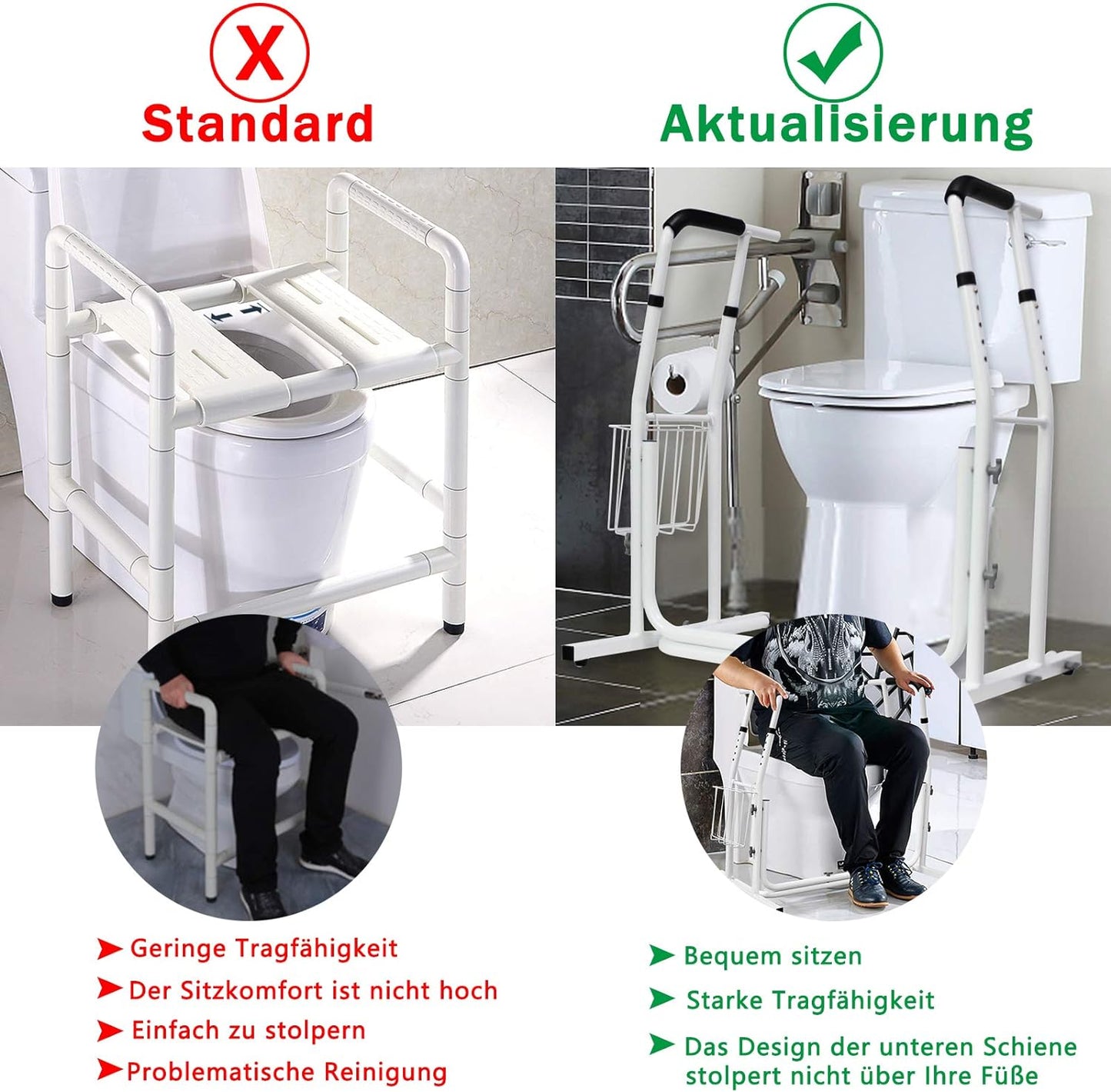 Froadp Mobile Aufstehhilfe Toiletten, Höhenverstellbar WC Toiletten Stützgestell mit Ablagekorb, Griffstangen für das Bad, Haltegriff Belastbar bis 200KG