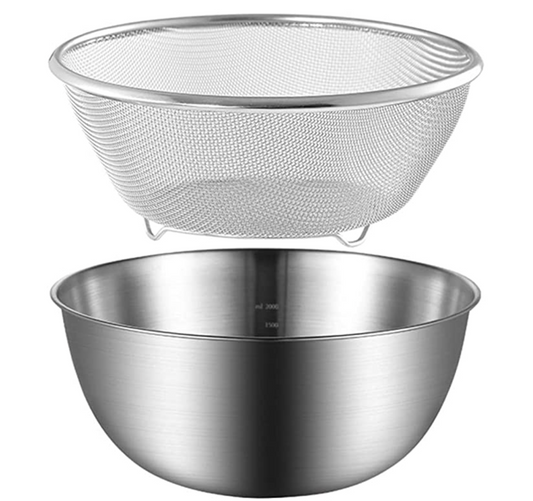 Colander and Bowl, Upgrade 4-Qt Large Capacity Deep Mixing Bowl, Professional Kitchen Microporous Strainer For Washing Rice, Pasta And Small Grains. Premium Stainless Steel Kitchen Utensils